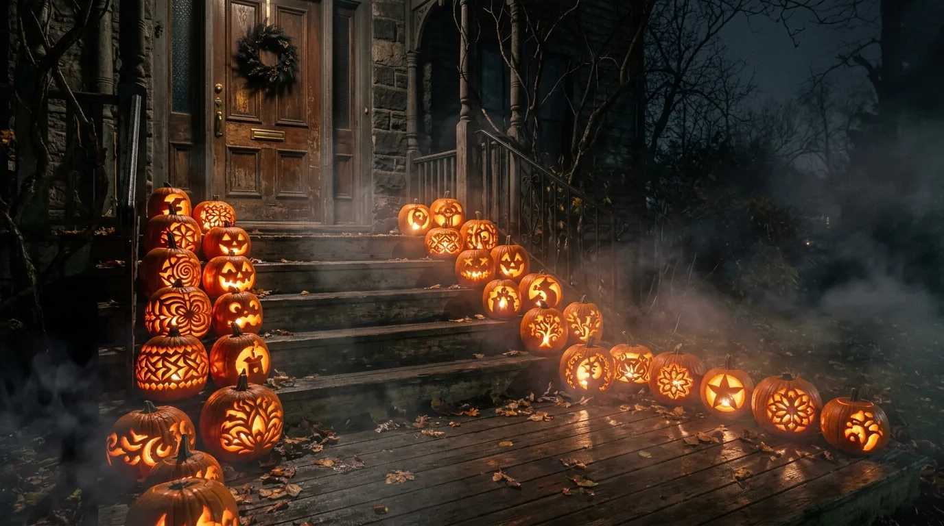 Try layered porch groupings instead of one flat row inspiration for a Halloween porch display.
